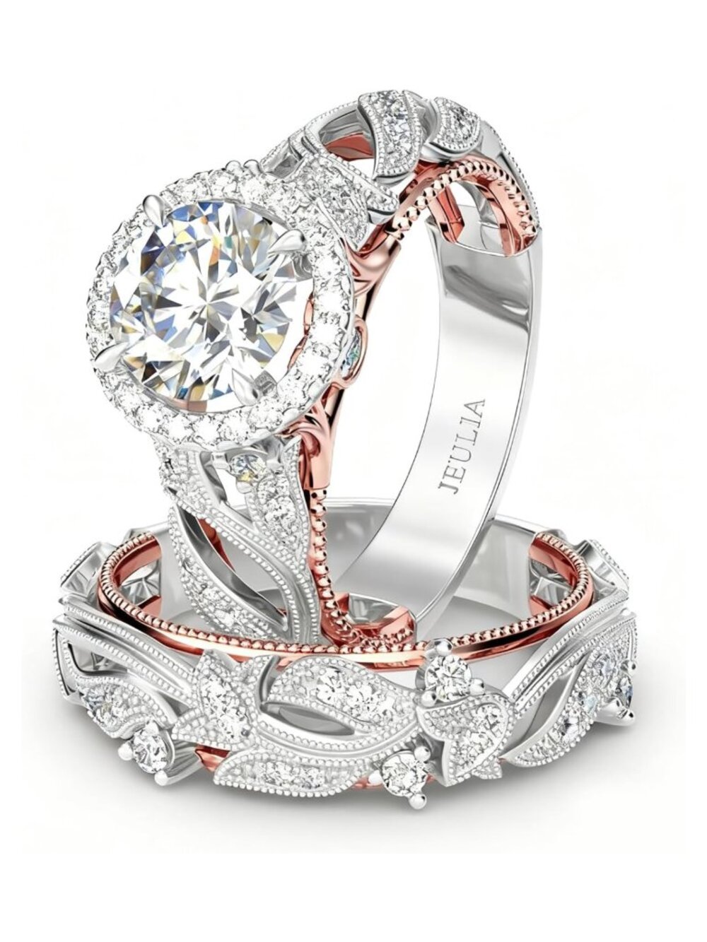 Women's Sterling Silver Halo Wedding Ring Set Round Cut Leaf Milgrain